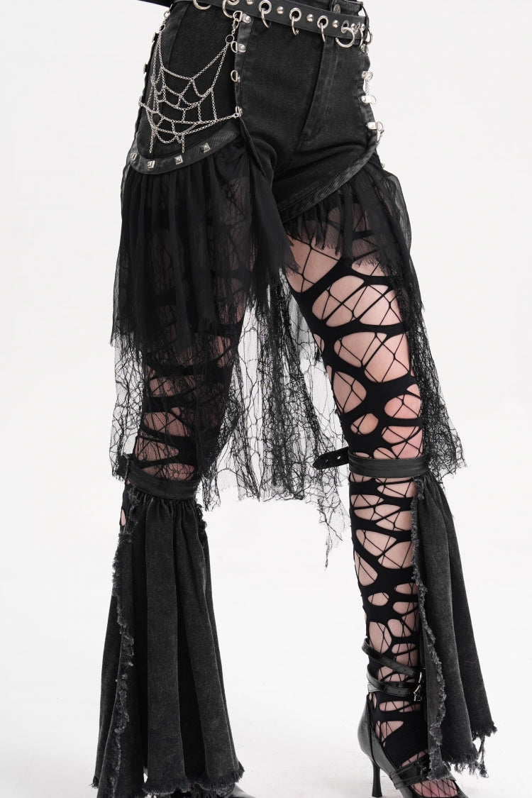 Black Chain Irregular Mesh Ripped Hem Women's Gothic Shorts