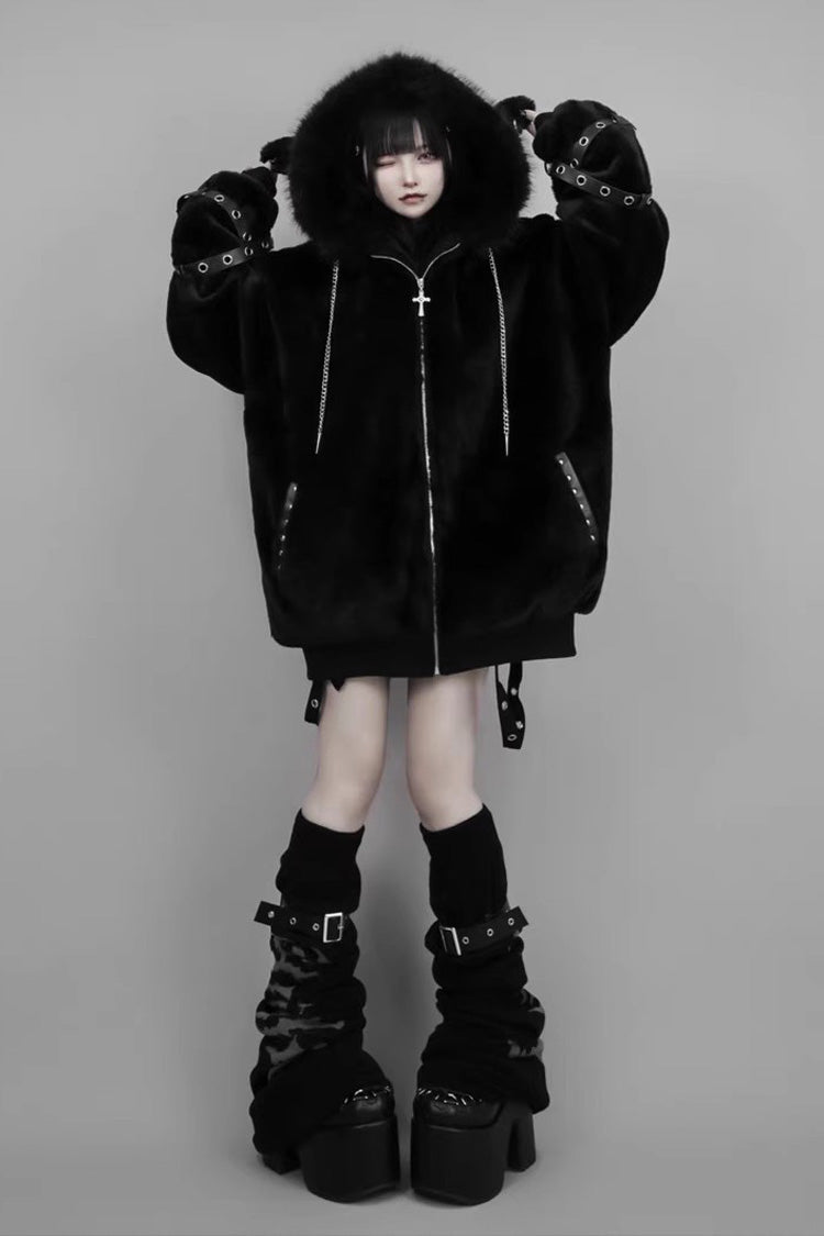 Black Long Sleeves Lamb Ears Hooded Rivet Punk Japanese Jirai Kei Coat