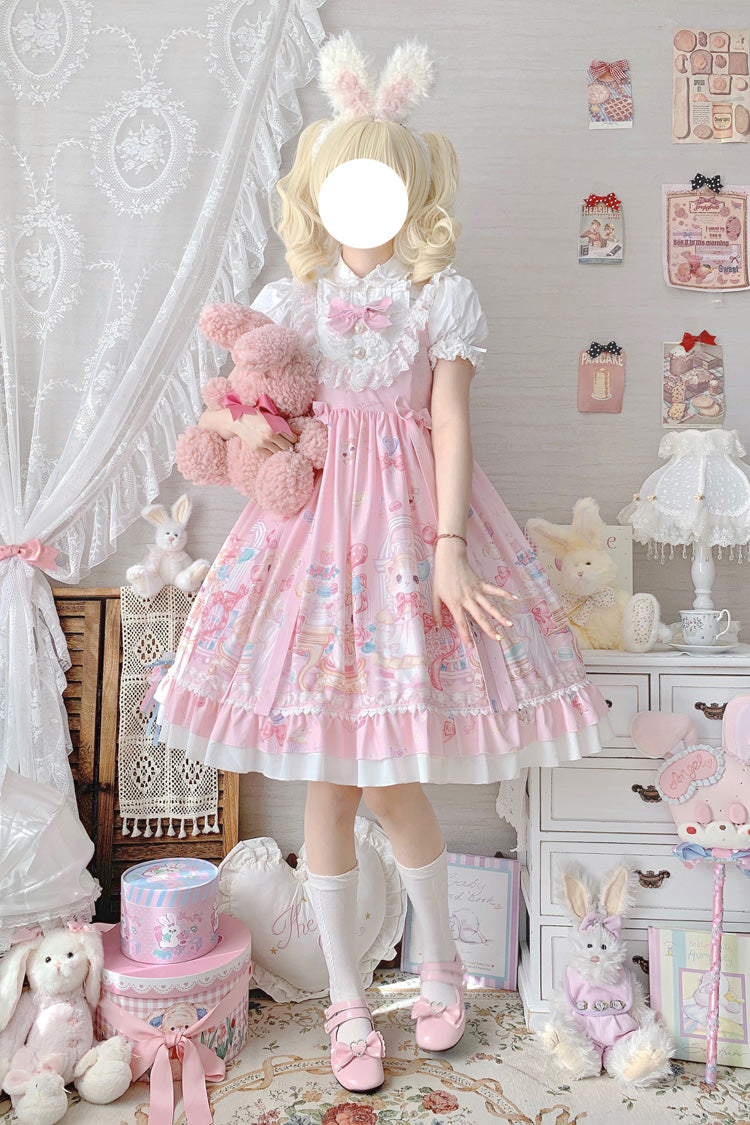 Pink Cute Cat Print High Waisted Ruffle Bowknot Sweet Princess Lolita JSK Dress