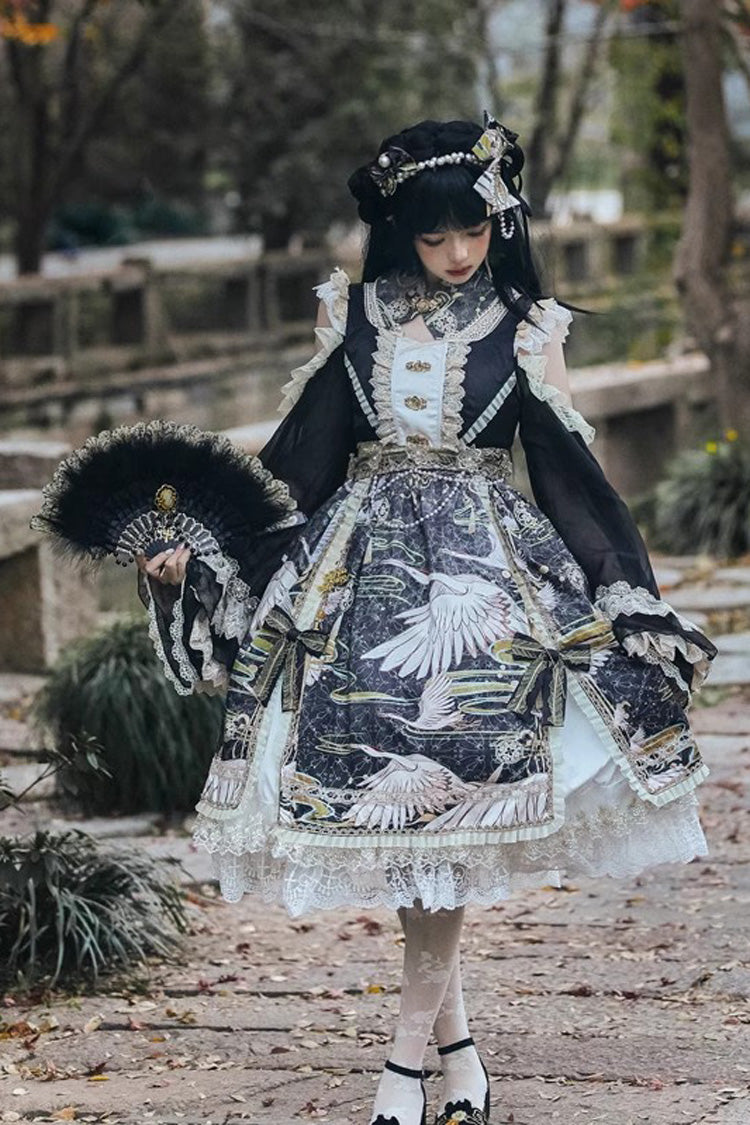 Süßes Lolita-Kleid im chinesischen Stil mit langen Ärmeln, Rüschenspitze und Druck, 3 Farben