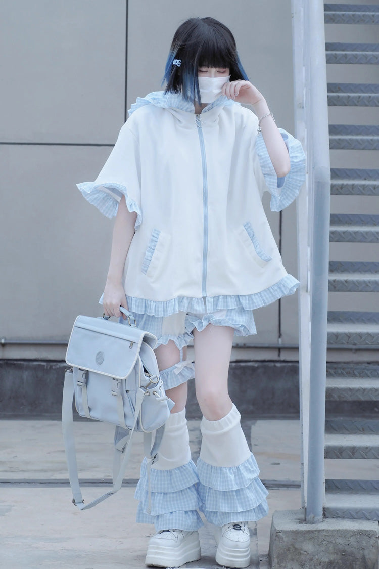 White/Blue Heart Signal Half Sleeves Plaid Print Hooded Sweet Jirai Kei Japanese Coat