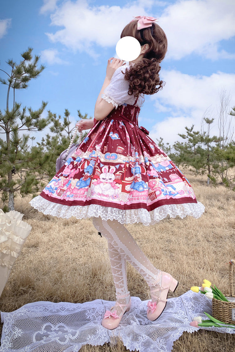 Wine Red Doll Playground Print Ruffle Bowknot Sweet Lolita Jsk Dress