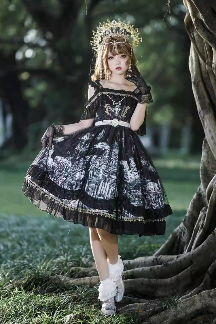 Schwarzes [Castle Feast] Gothic-Prinzessin-Lolita-Jsk-Kleid mit Rüschen und Schleife