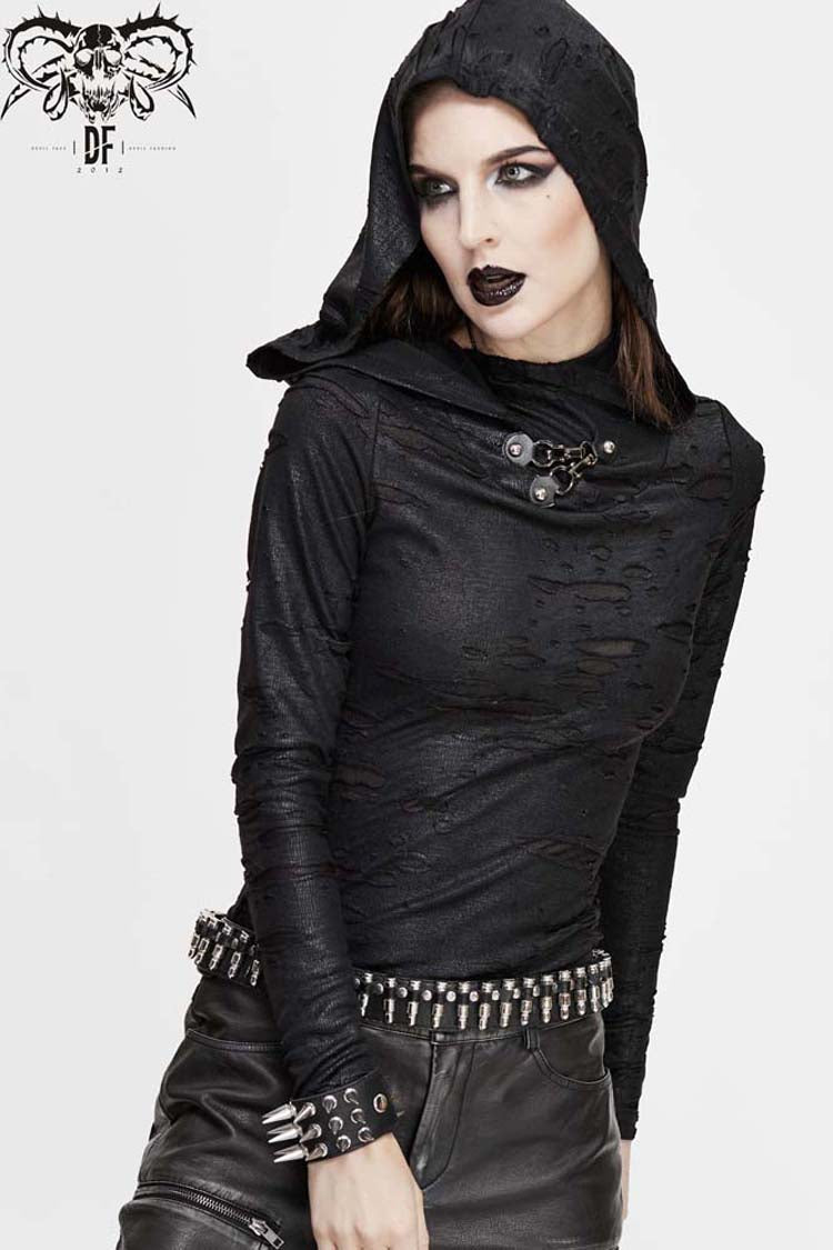 Black Hooded Snakeskin Ripped Pattern Triangle Metal Nail Asymmetrical Women's Punk Shirt