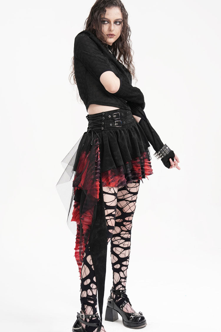 Black/Red Stitching Irregular Mesh Women's Gothic Skirt