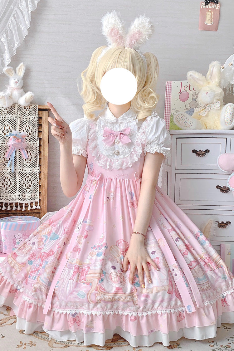 Pink Cute Cat Print High Waisted Ruffle Bowknot Sweet Princess Lolita JSK Dress