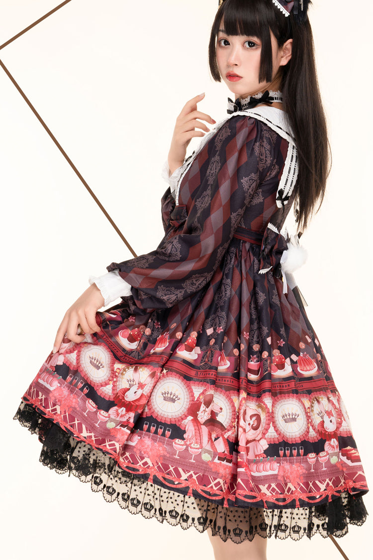 Black [Afternoon Fantasia] Long Sleeves Print Ruffle Bowknot Sweet Lolita Jsk Dress