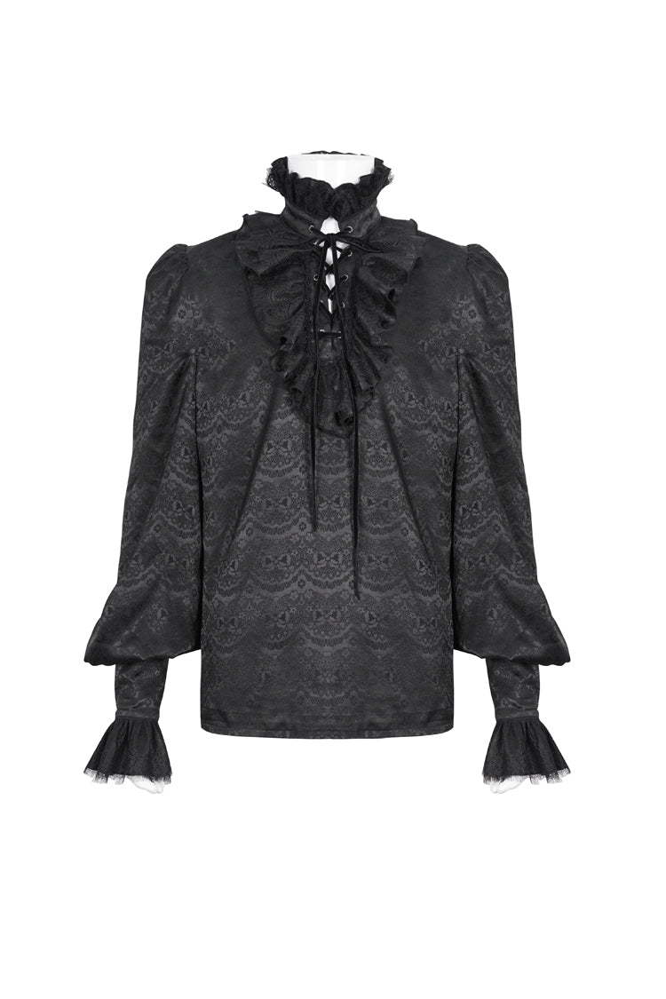 Schwarze Gothic-Bluse mit Stehkragen und langen Ärmeln aus Jacquard mit Rüschen für Herren