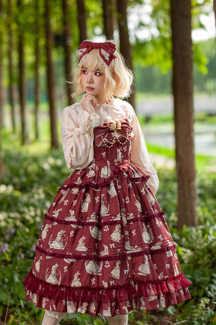 Miss Rabbit Dance Print Multi-layer Ruffle Sweet Elegant Lolita Jsk Dress 4 Colors