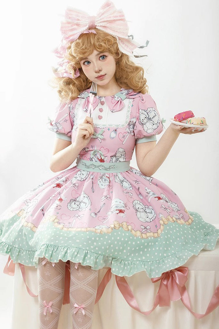 Pink/Green Tea Time Donut, Cake and Bear Print Ruffle Sweet Elegant Lolita Dress