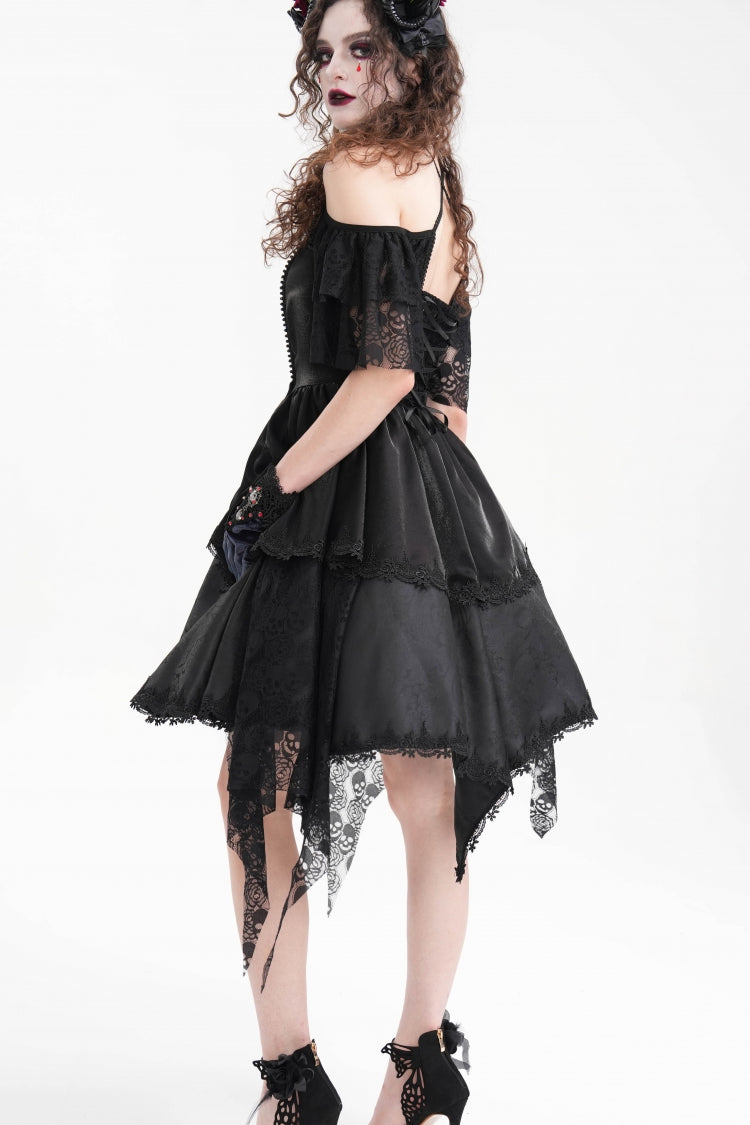 Black Halterneck Lace Lace-Up Irregular Hem Women's Gothic Dress