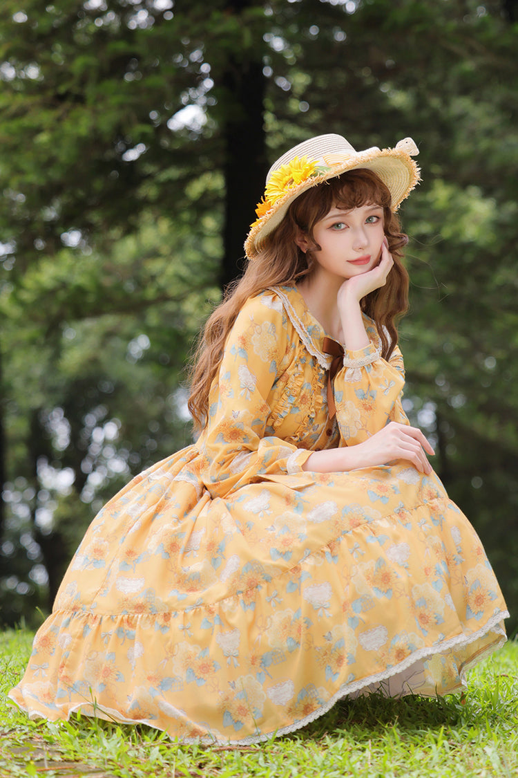 Yellow [Gardening Sunflower] Long Sleeves Print Ruffle Bowknot Sweet Elegant Lolita Dress