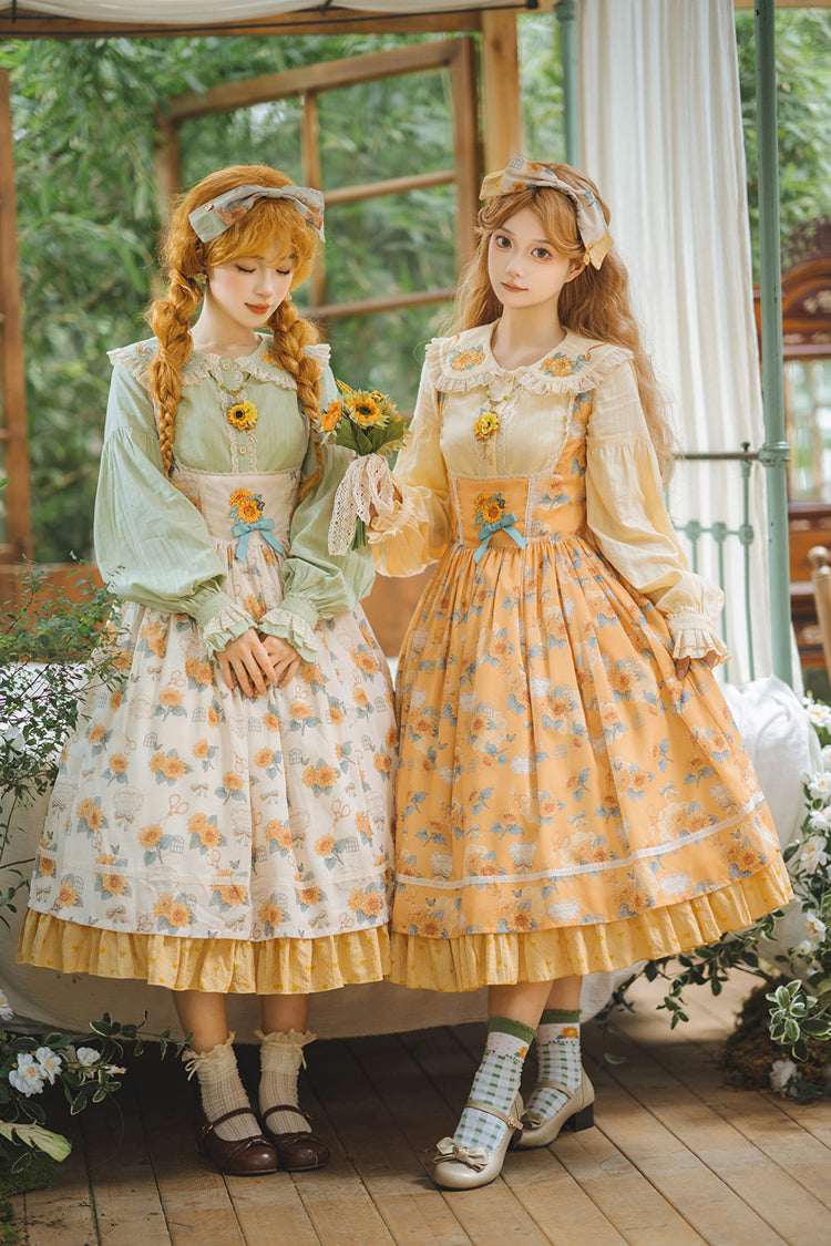 Apricot [Gardening Sunflower] Sleeveless Print Ruffle Bowknot Sweet Elegant Uplift Lolita Jsk Dress