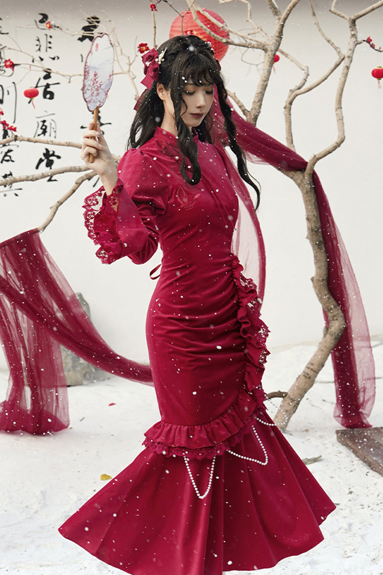 Rotes, langärmliges, gerüschtes, besticktes Schleifenkleid mit Spitze im klassischen chinesischen Stil, elegantes Lolita-Kleid