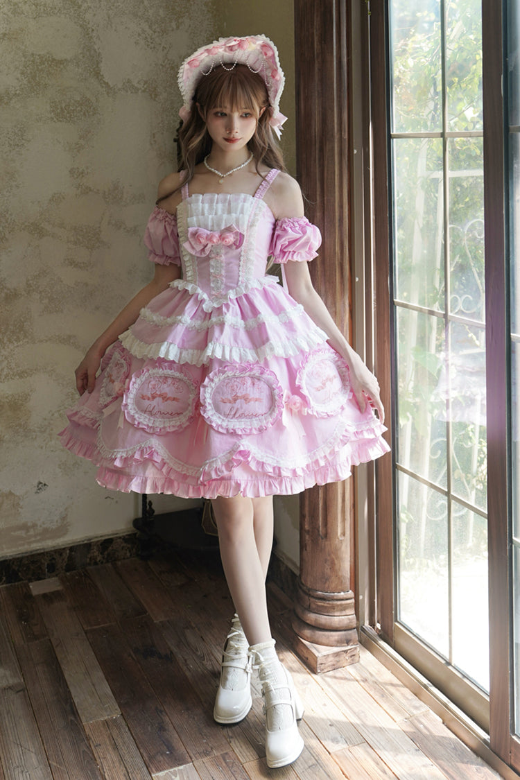 Rosa [Butterfly Dream] Mehrlagiges, bedrucktes Rüschen-Schleifen-Lolita-Jsk-Kleid mit süßer Prinzessinnen-Optik