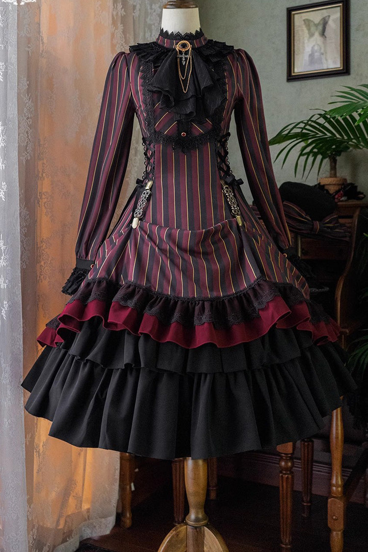 Point Manor Stand Collar Long Sleeves Multi-layer Striped Print Ruffle Gothic Lolita Dress 4 Colors