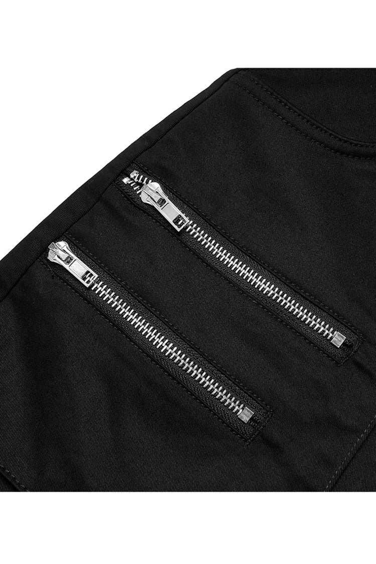 Black Heavy Industrial Hem Slit Design Multi-Pocket Zipper Trim Sexy Women's Punk Mini Skirt