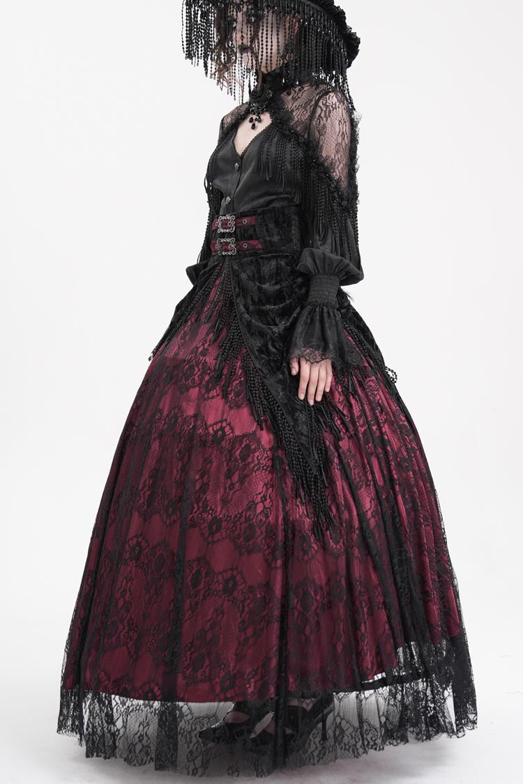 Wine Red Print Embroidery Tassels Buckle-up Lace-Up Women's Gothic Long Skirt