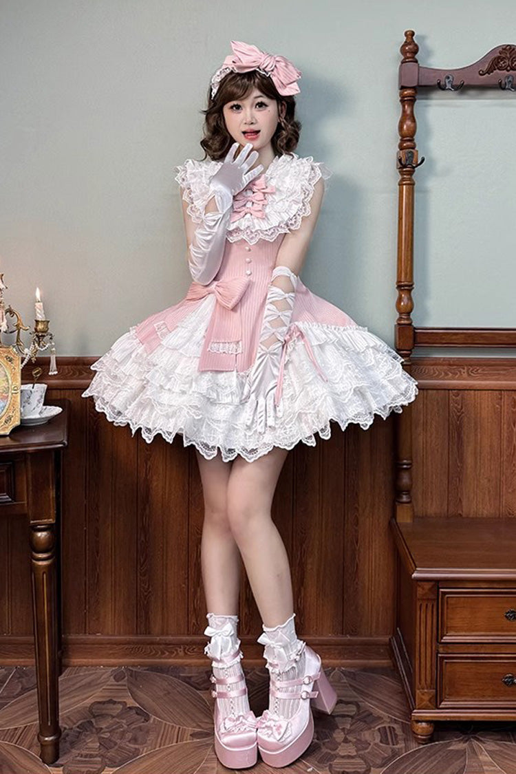 Pink [Miss Tsundere] Sleeveless Multi-Layered Ruffle Bowknot Lace Asymmetric Sweet Princess Lolita Dress