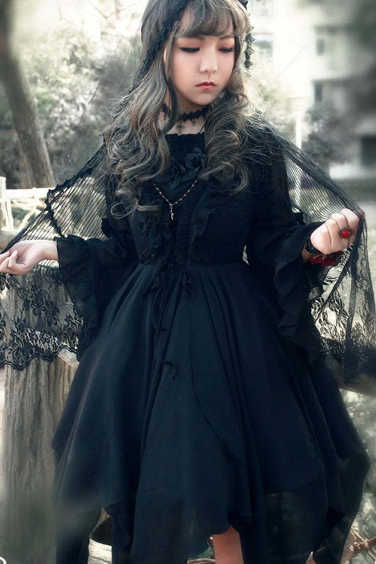 [Ballet of the Dead] Double-Layered Embroidery Lace-Up Gothic Lolita Jsk Dress (Cape Included)