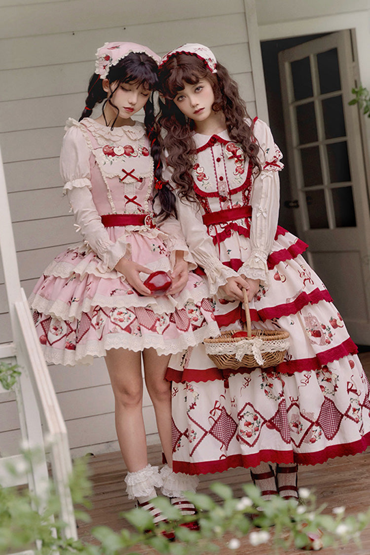 Red/Beige Triple-Layered [Apple Orchard] Print Ruffle Embroidery Sweet Lolita Long Skirt