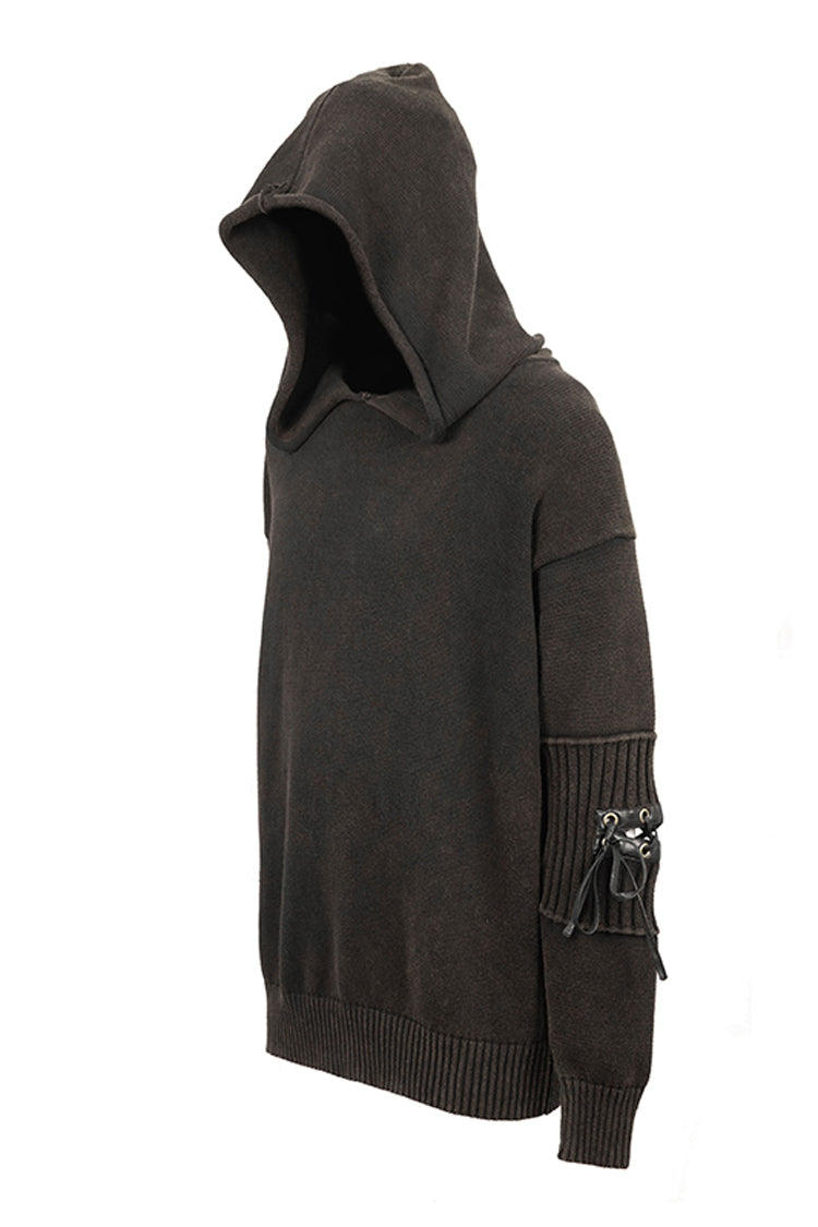 Brown Worn-Out Long Sleeve Elbow Leather Strip Lace-Up Hooded Coarse Knit Men's Punk Sweater