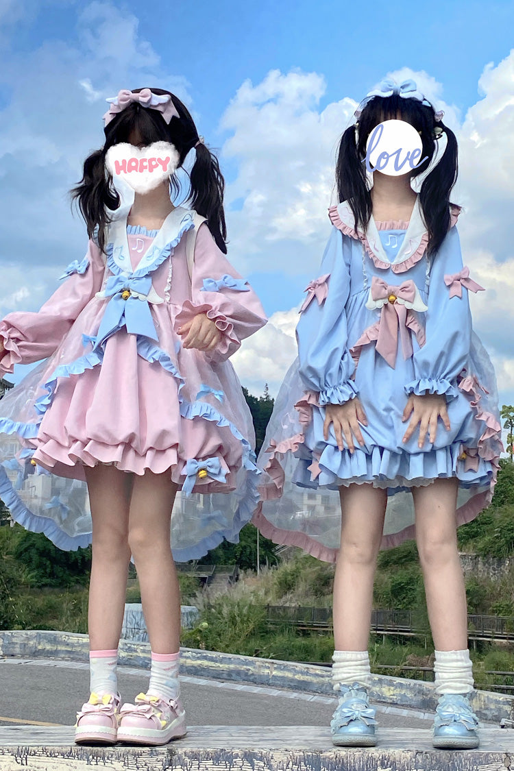 Blue Long Sleeves Music Notes Print Ruffle Bowknot Lace Sweet Lolita Dress