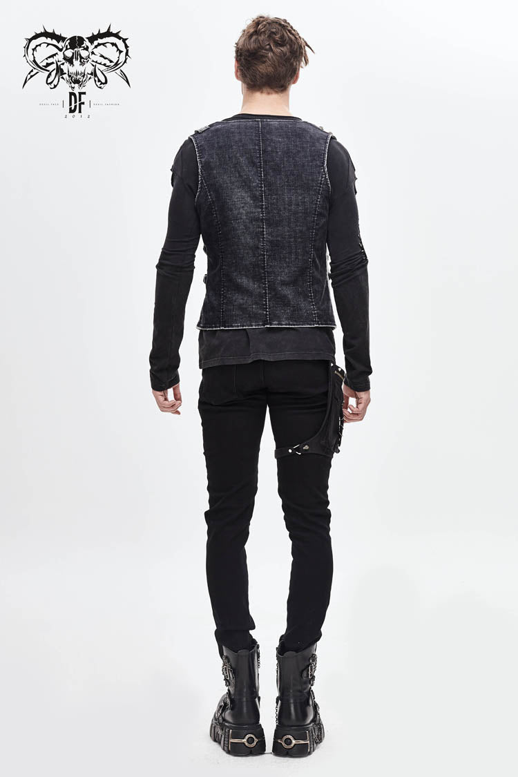 Black V Neck Asymmetric Lace Up Leather Loop Shoulder Rivet Corduroy Men's Punk Waistcoat