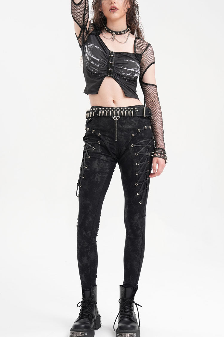 Black Skull Rivets Lace-Up Women's Punk Pants