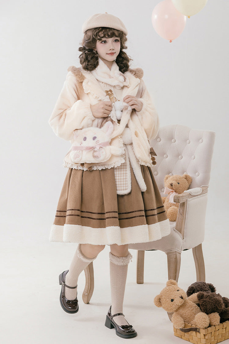 Ivory [Mocha Bear] Print Bowknot Hooded Sweet Lolita Coat