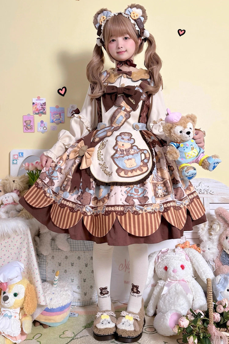 [Bear Cookies] Print Long Sleeves Ruffle Bowknot Sweet Lolita OP Dress 2 Colors