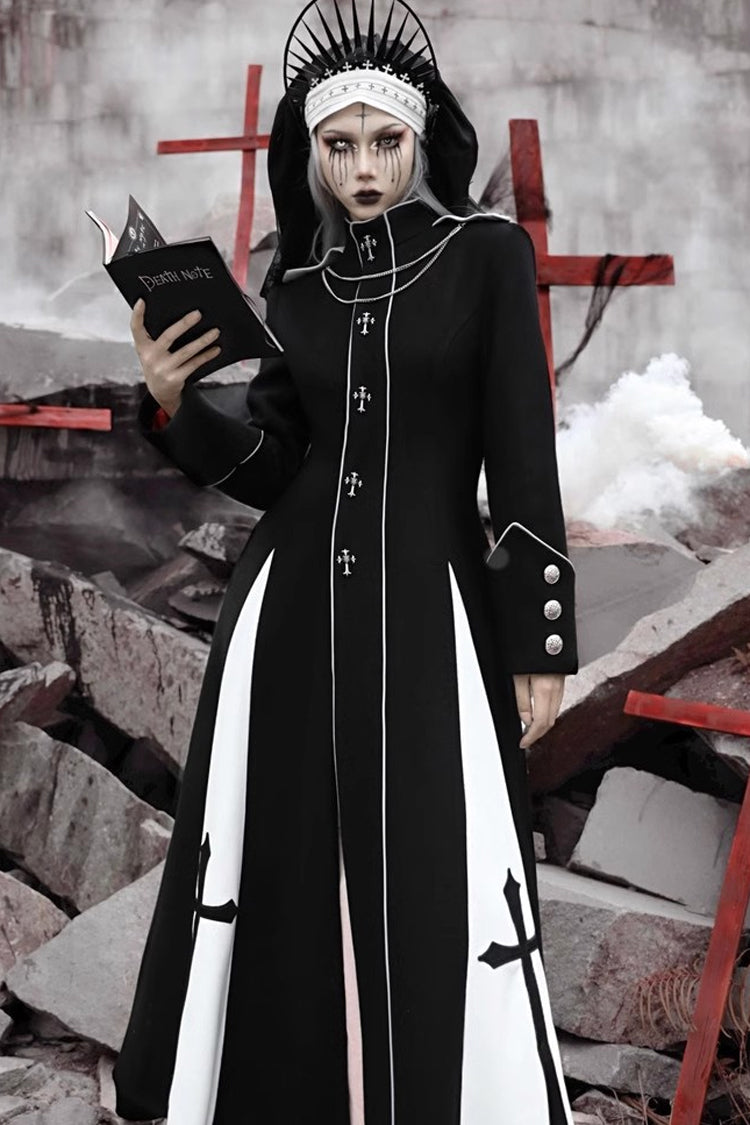 Black [The Trial of a Nun] Cross Print Hollow Cardigan Stitching Gothic Lolita Long Coat