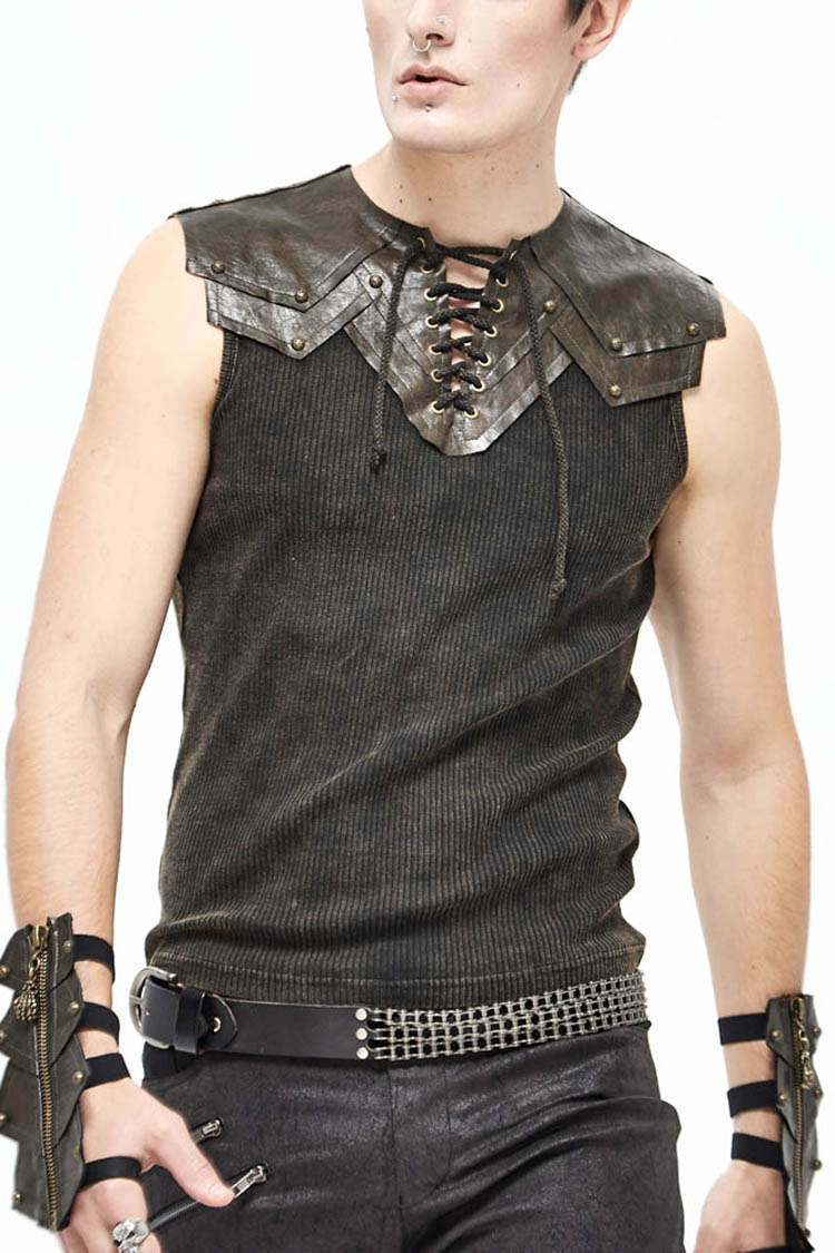 Brown Lace Up Striped Shoulder Armor Shape Chest Knitting Men's Punk Vest