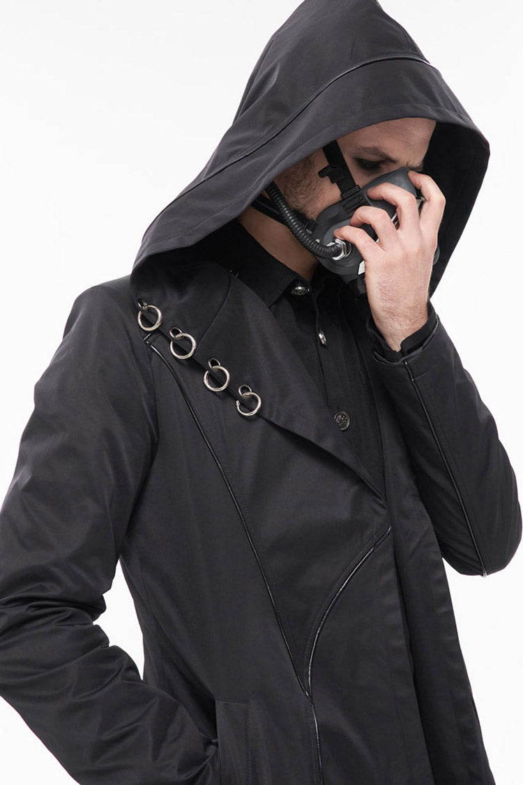 Black Punk Back Splicing Straps Design Windproof Fabric Daily Matching Hooded Casual Men's Coat