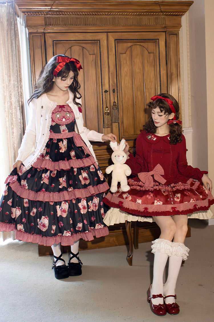 Blue/Pink [Bell Strawberry Farm] Embroidery Print Triple-Layered Ruffle Sweet Lolita JSK Dress