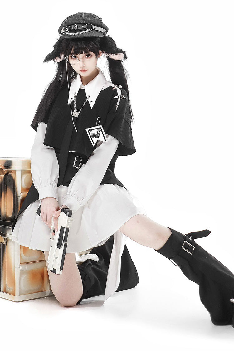 Black/White Cute Rabbit Sheriff Long Sleeves Slim Sweet Military Lolita Dress Set