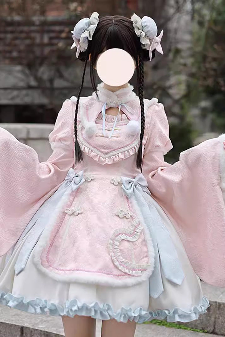 Pink Long Sleeves Ruffle Bowknot Sweet Chinese Style Lolita Dress