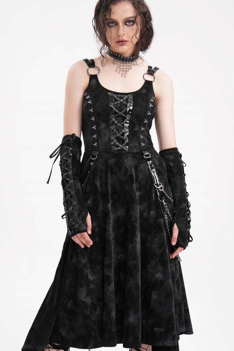 Black Chains Rings Lace-Up Women's Gothic Slip Dress with Gloves