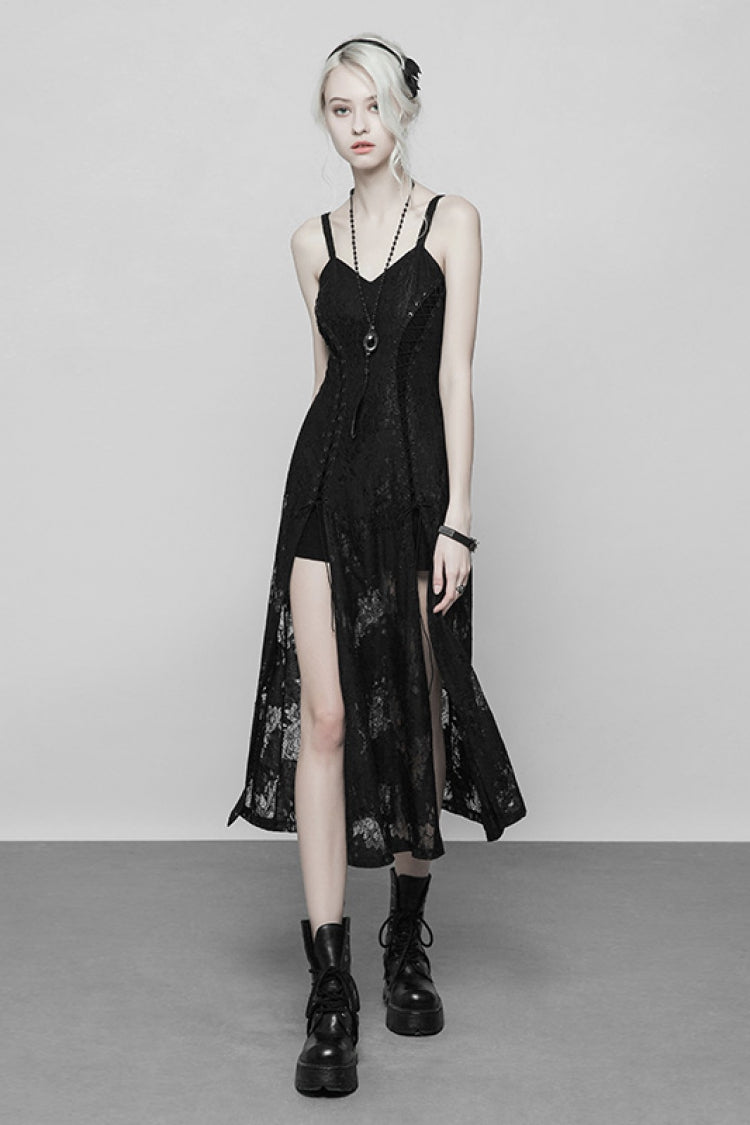 Black Lace Women's Bandage Strap Gothic Vintage Long Dress