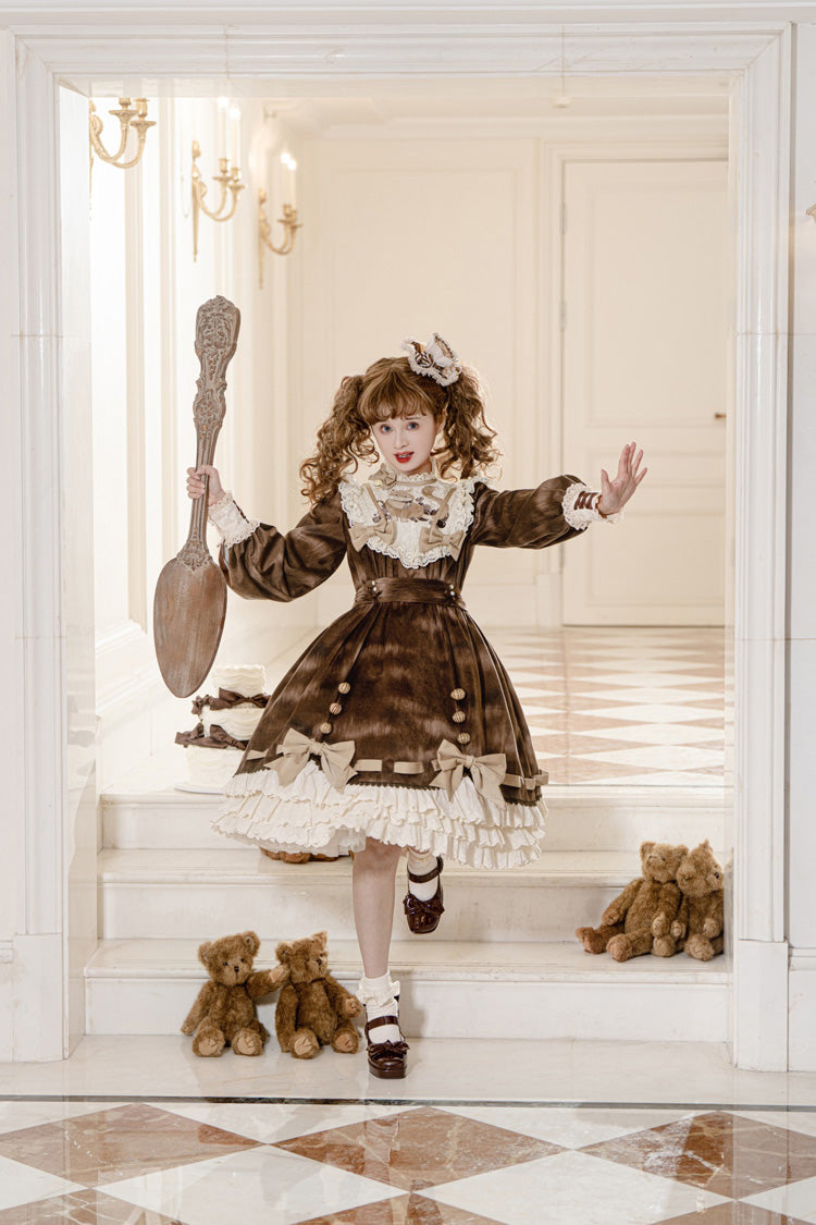 Brown [Chocolate Cat] Print Long Sleeves Ruffle Bowknot Sweet Lolita Dress