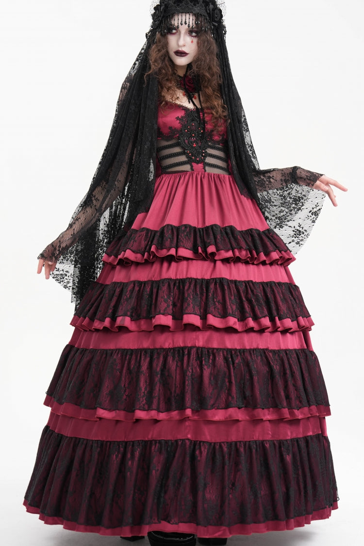 Red Multi-Layered Ruffle Lace-Up Mesh Women's Gothic Dress