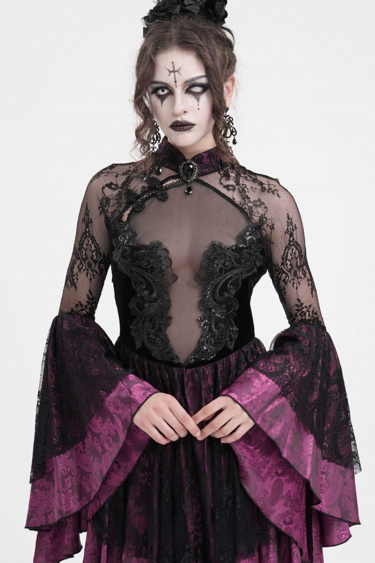 Black/Purple Long Sleeves Embroidery Lace Lace-Up Irregular Sheer Mesh Women's Gothic Dress