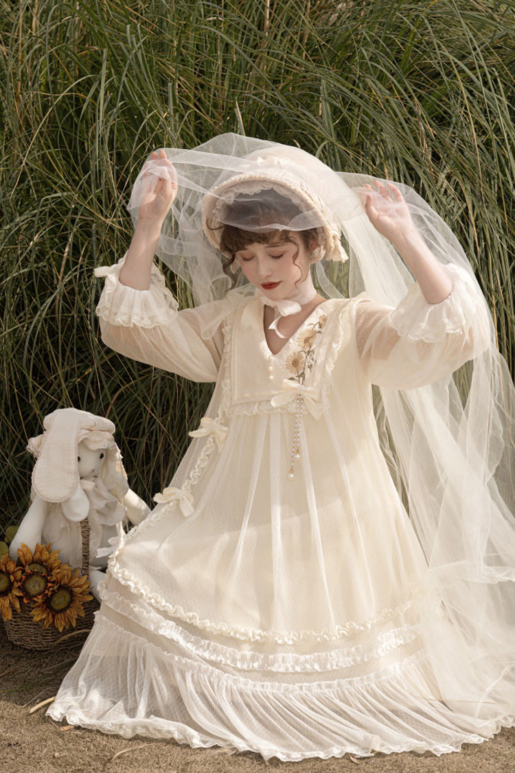 Ivory [Sunflower Diary] Long Sleeves Ruffle Embroidery Bowknot Lace Chiffon Sweet Princess Lolita Dress