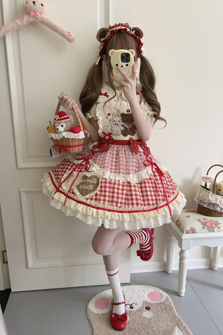 Rabbit Bear Diary Plaid Print Ruffle Bowknot Sweet Lolita Skirt 2 Colors (Blouse Included)