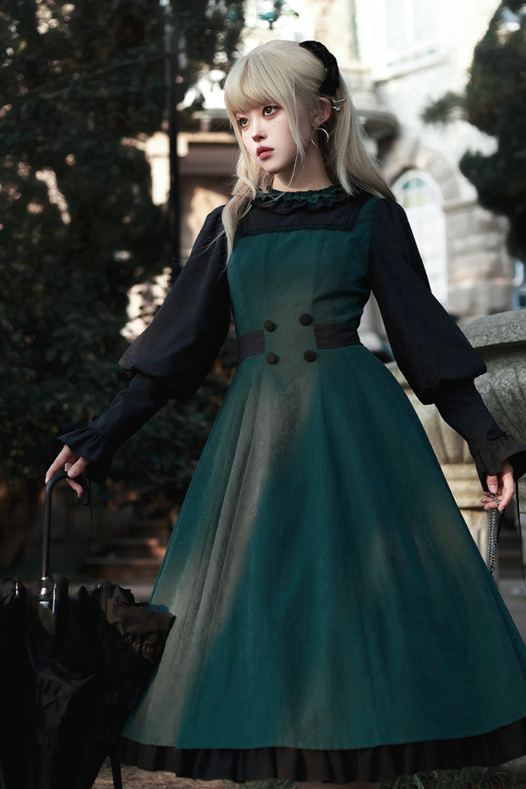 Green [Potions School] Long Sleeves Ruffle Bowknot Sweet Elegant Lolita Dress Two-piece Set