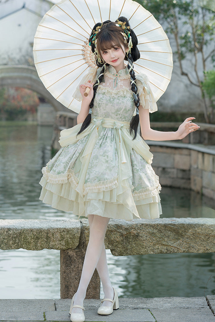 Grüner Pfeffer Chiffon Doppellagiges Rüschen Schleife Spitze Süßes Lolita Kleid im chinesischen Stil