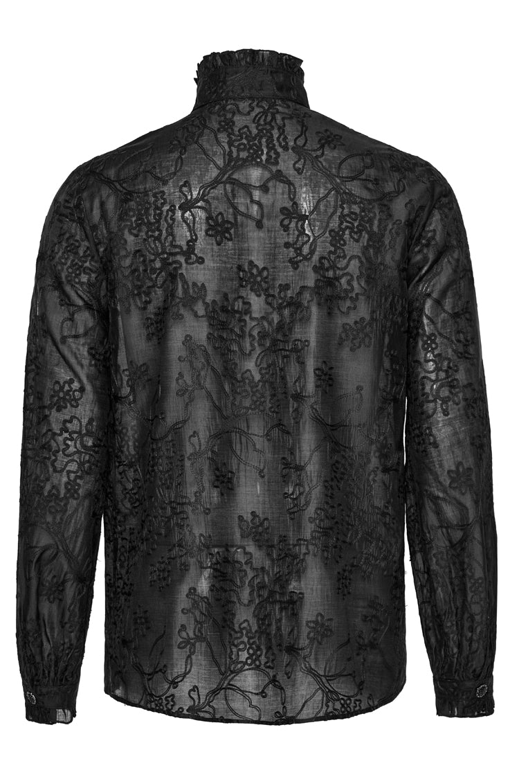 Schwarze Gothic-Bluse mit Stehkragen und Jacquard-Stickerei für Herren