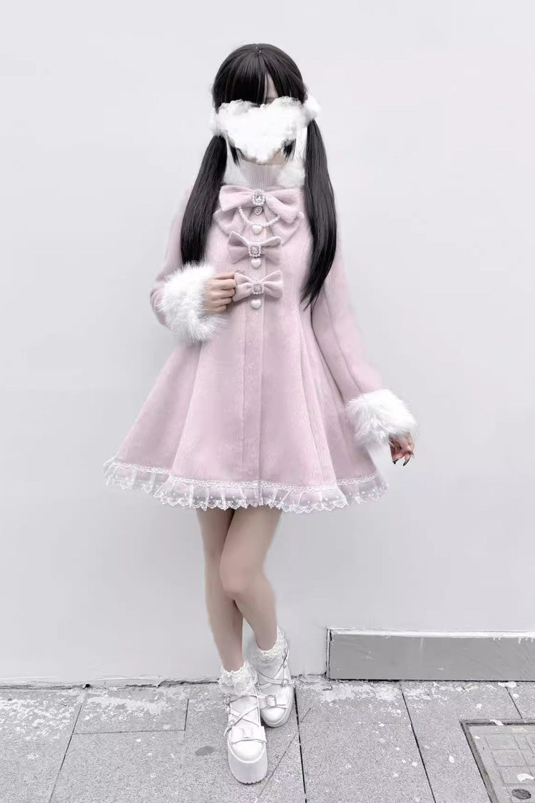 [Plush Lop-eared Rabbit] Long Sleeves Bowknot Lace Hooded Sweet Jirai Kei Coat 5 Colors