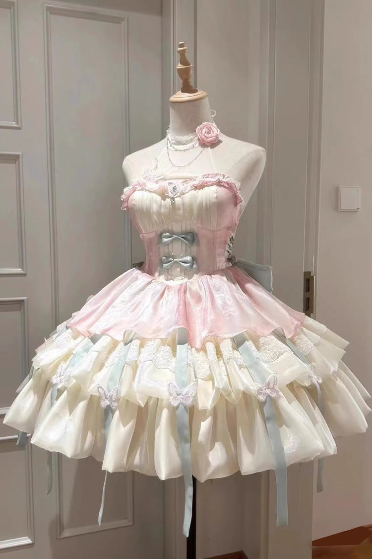 Rosa/Grünes Lolita-Kleid mit ärmellosen Rüschen und mehreren Lagen, süß und elegant, Prinzessinnen-Stil