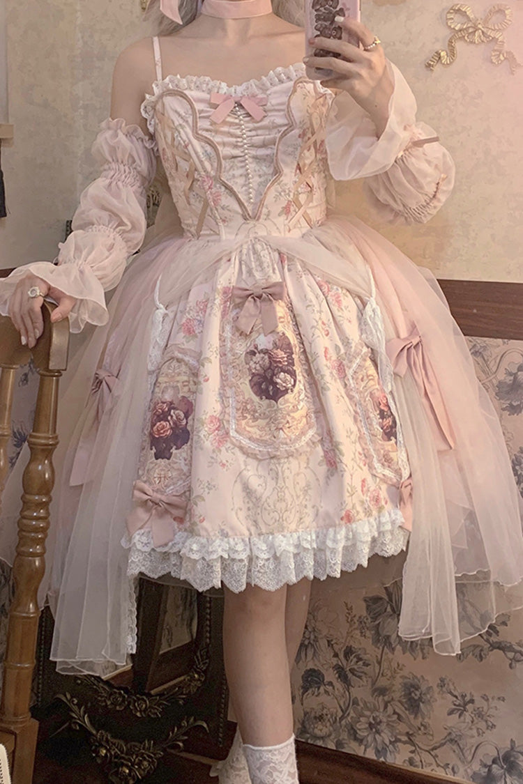 Rosa [Rosenfenster] Druck Rüschen Bowknot Spitze süßes elegantes Prinzessin Lolita Jsk Kleid